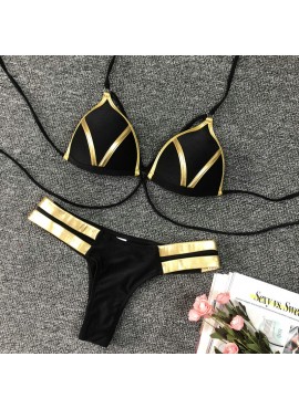 Sexy Black & Gold Thong Bottom and Pushup Top Swim Suit