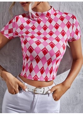 Argyle Print Mock Neck Crop Tee