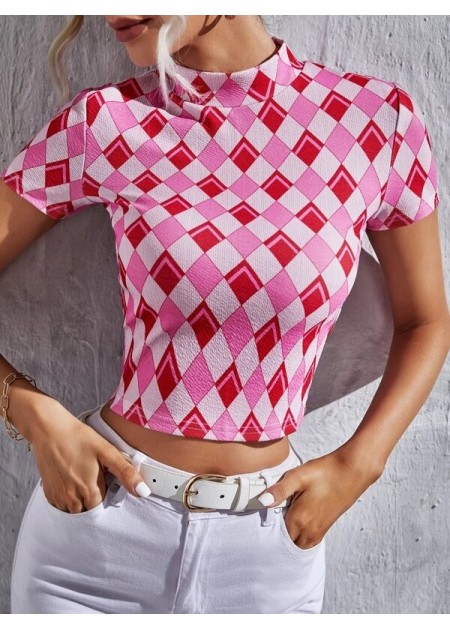 Argyle Print Mock Neck Crop Tee