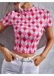 Argyle Print Mock Neck Crop Tee