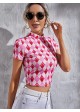 Argyle Print Mock Neck Crop Tee