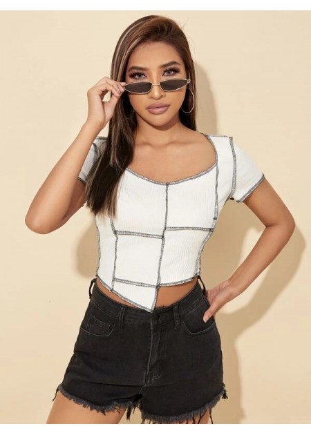 Asymmetrical Hem Contrast Stitch Crop Tee