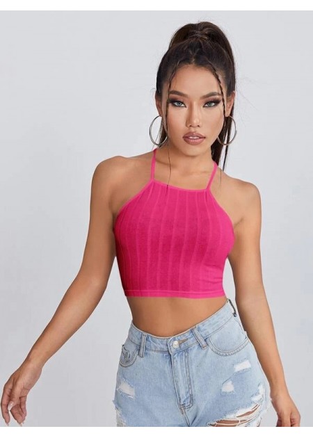 Lace Up Backless Rib-knit Cami Top