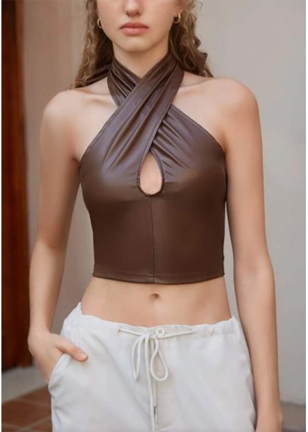 PU Leather Backless Criss-Cross Halter Top