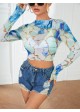 Lettuce Trim Marble Print Mesh Top