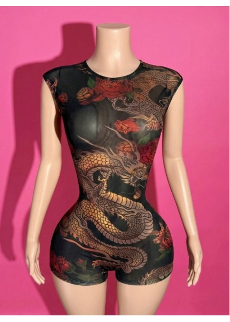 Mesh Dragons & Roses Crew Neck Romper