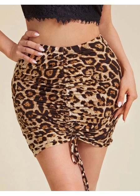 Front Drawstring Ruched Leopard Print Skirt