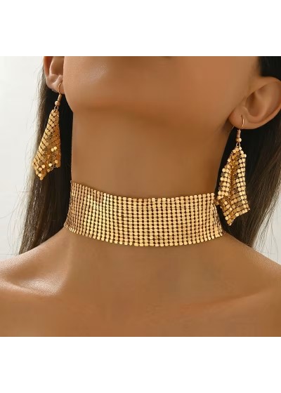 Metal Mat Choker with Matching Earrings