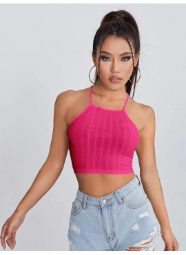 Lace Up Backless Rib-knit Cami Top