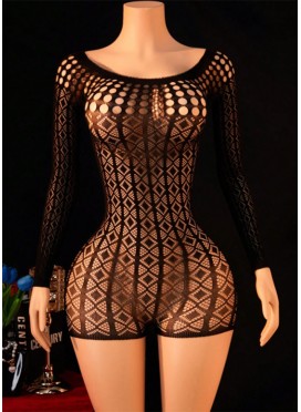 Geometric Pattern Long Sleeve Mesh Romper