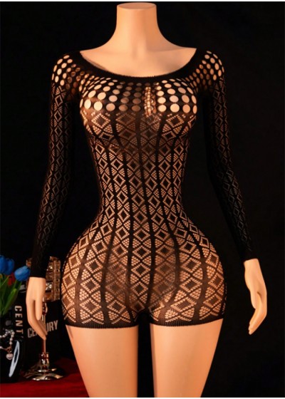 Geometric Pattern Long Sleeve Mesh Romper