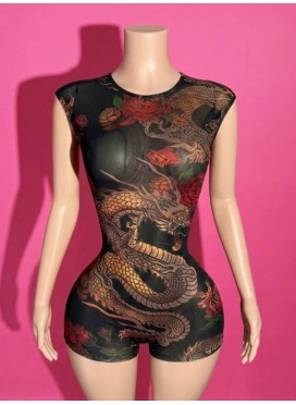 Mesh Dragons & Roses Crew Neck Romper